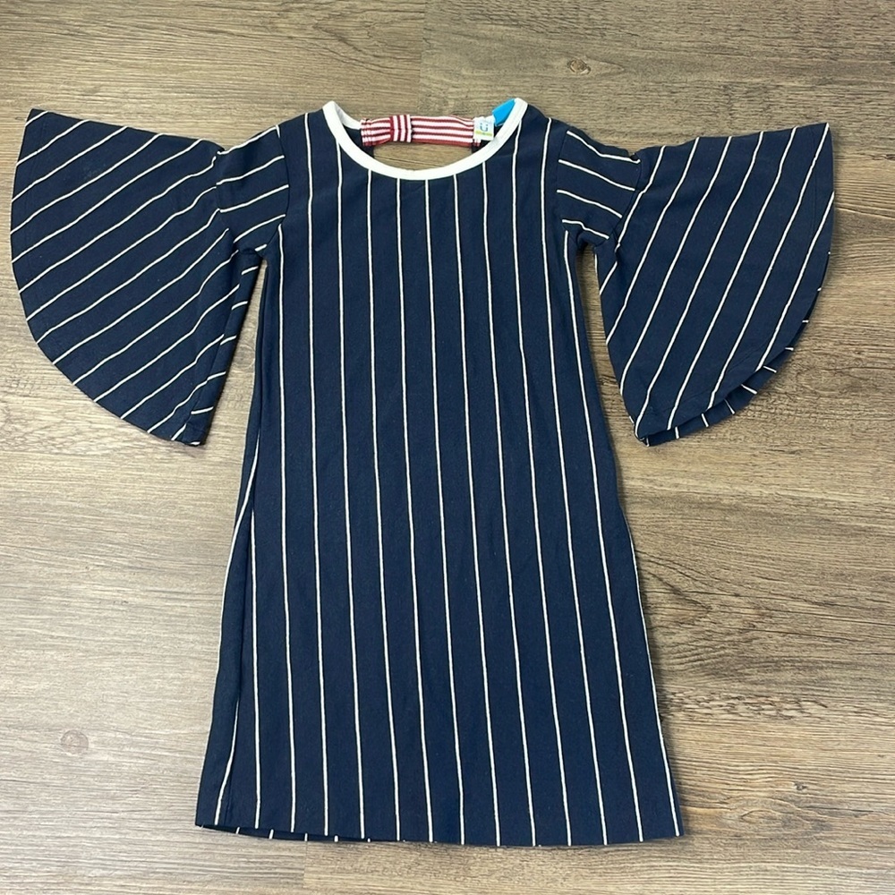 Little Girls Navy Red White Striped Dress with Bell Sleeves, size 4